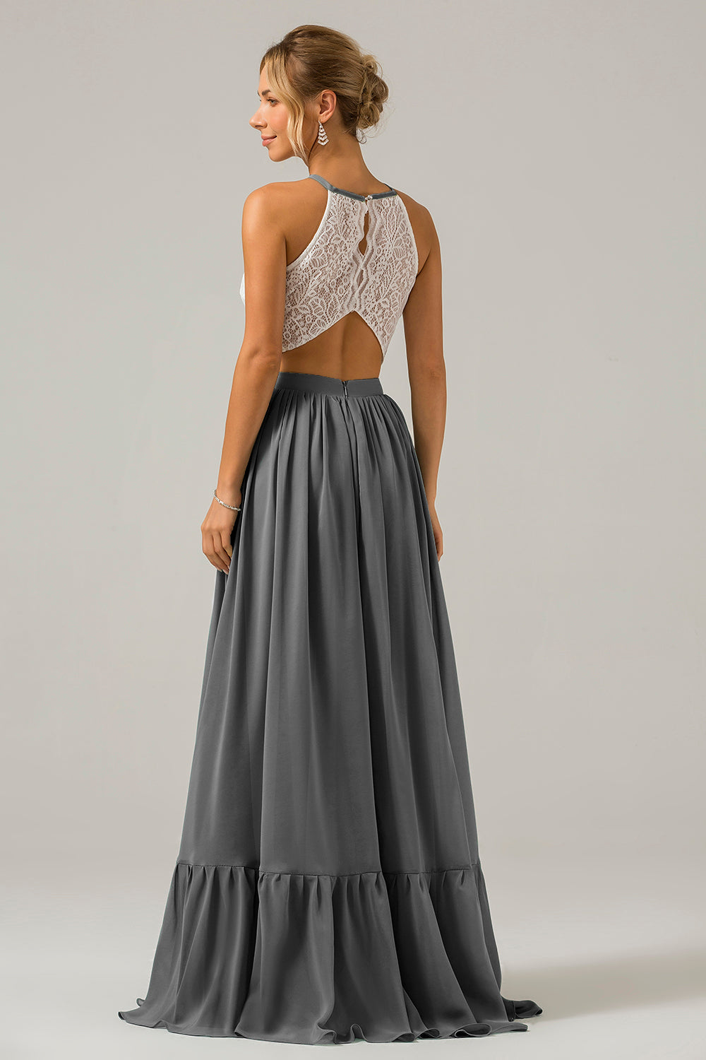 Cabernet Schlüsselloch Boho Chiffon Langes Brautjungfernkleid mit Spitze
