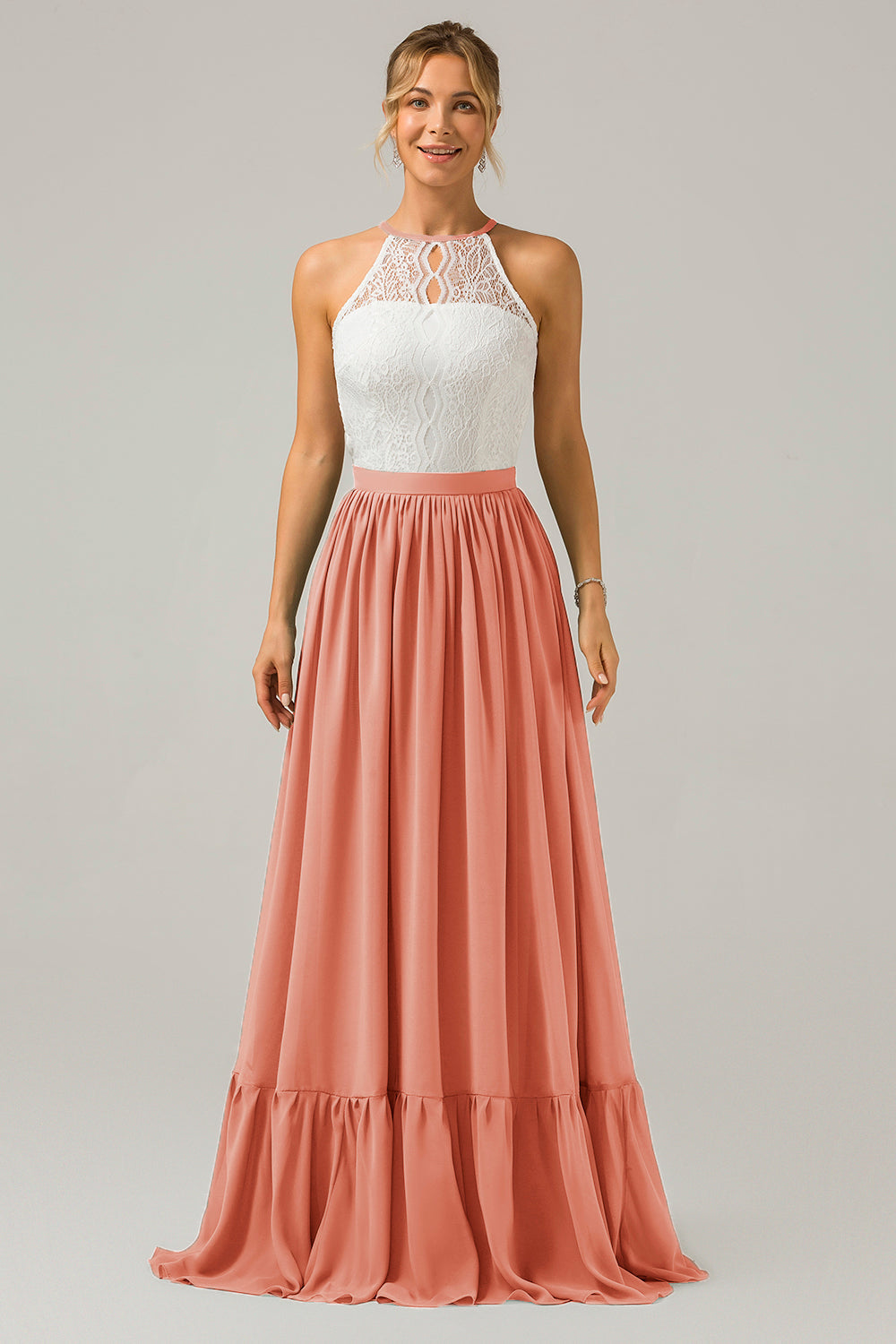 Weißes Schlüsselloch Boho Chiffon Langes Brautjungfernkleid mit Spitze