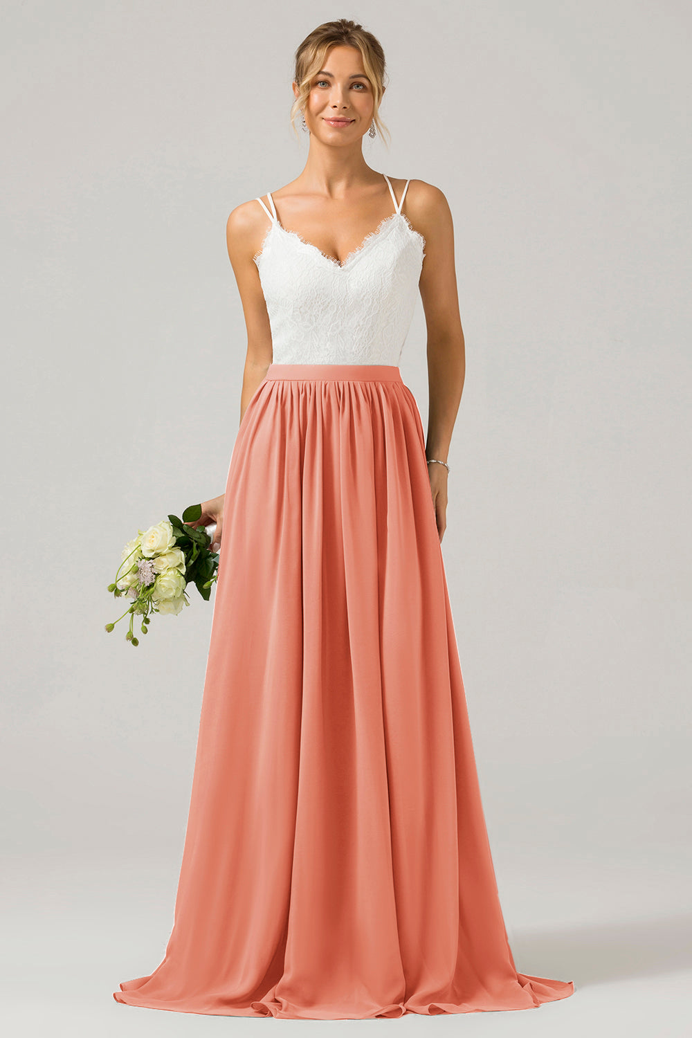 Lila Boho Chiffon Langes Brautjungfernkleid mit offenem Rücken und Spitze