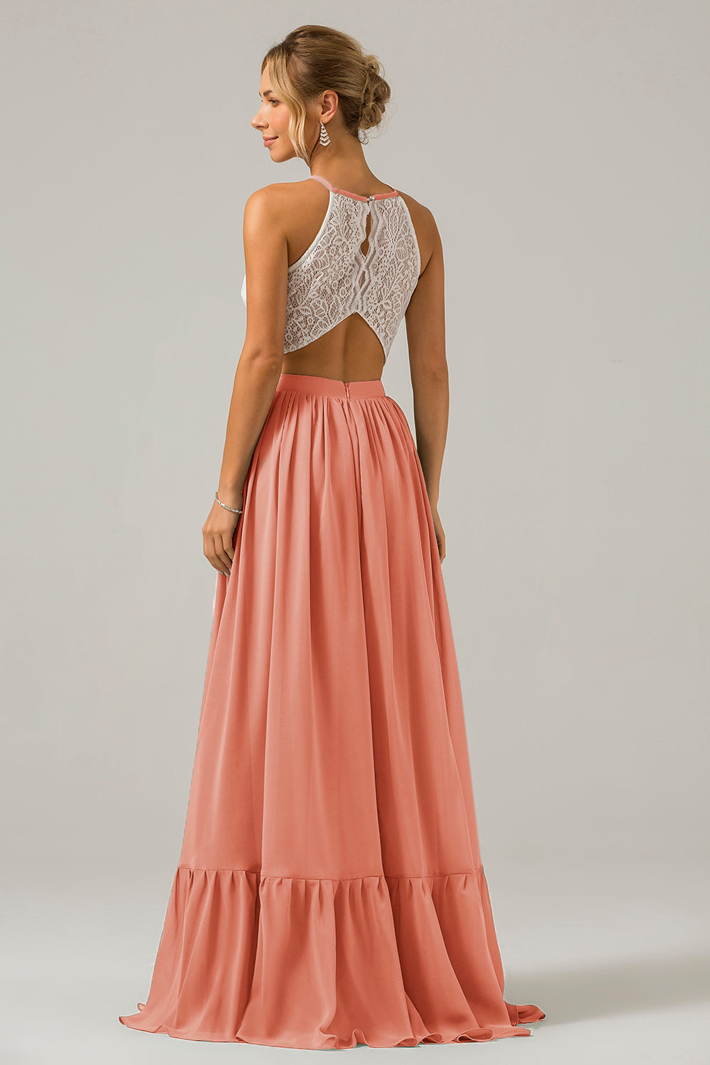 Weißes Schlüsselloch Boho Chiffon Langes Brautjungfernkleid mit Spitze
