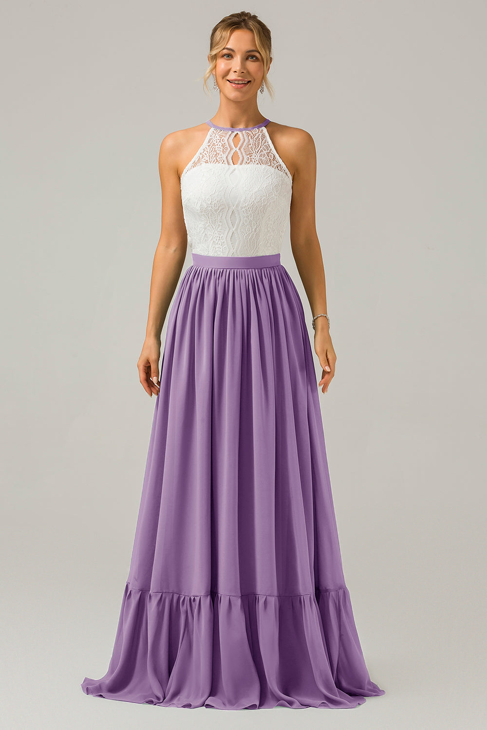 Cabernet Schlüsselloch Boho Chiffon Langes Brautjungfernkleid mit Spitze