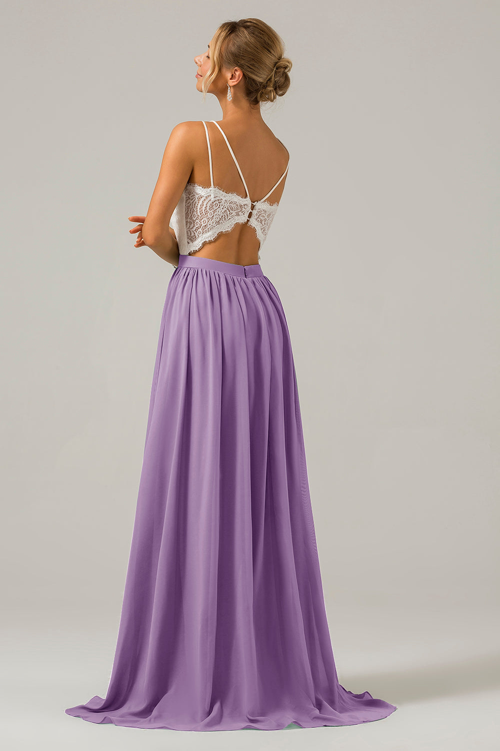 Eukalyptus Grünes Boho Chiffon Langes Brautjungfernkleid mit offenem Rücken und Spitze