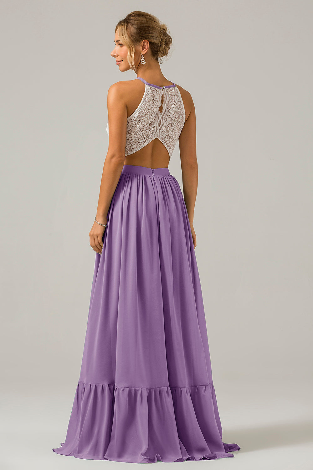 Cabernet Schlüsselloch Boho Chiffon Langes Brautjungfernkleid mit Spitze