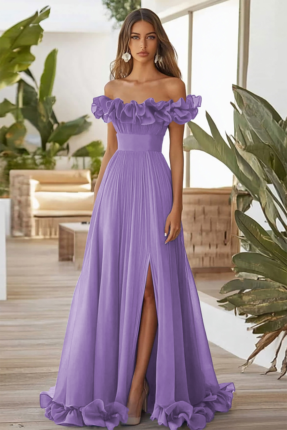 Schulterfreies Blaues A-Linie Ballkleid mit Schlitz
