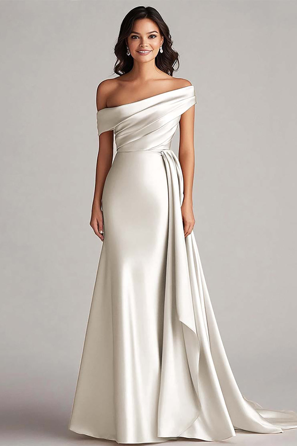 Langes Champagner Abendkleid mit einer Schulter und Falten