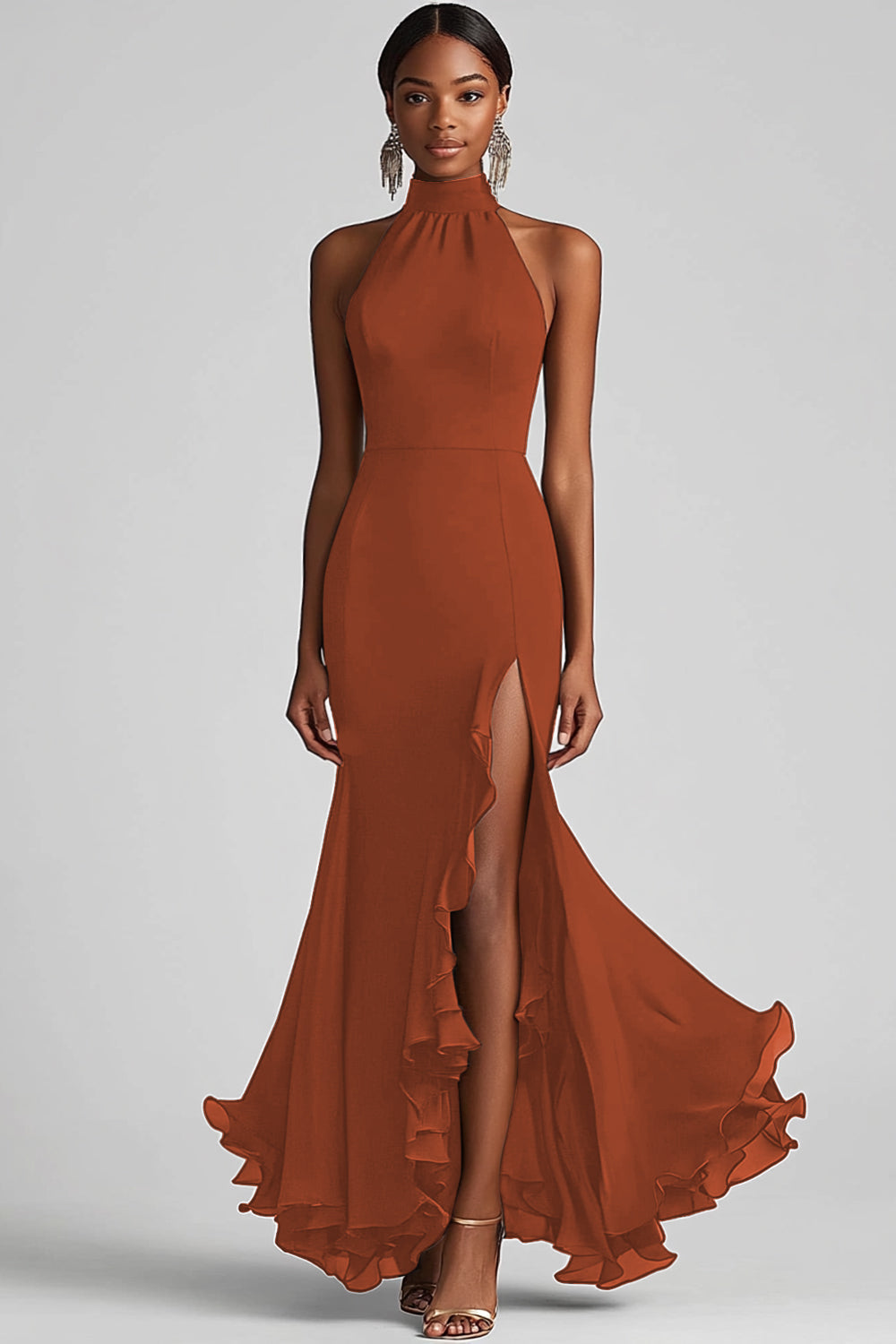 Schwarzes Meerjungfrau Langes Neckholder Rüschen Ballkleid mit Schlitz