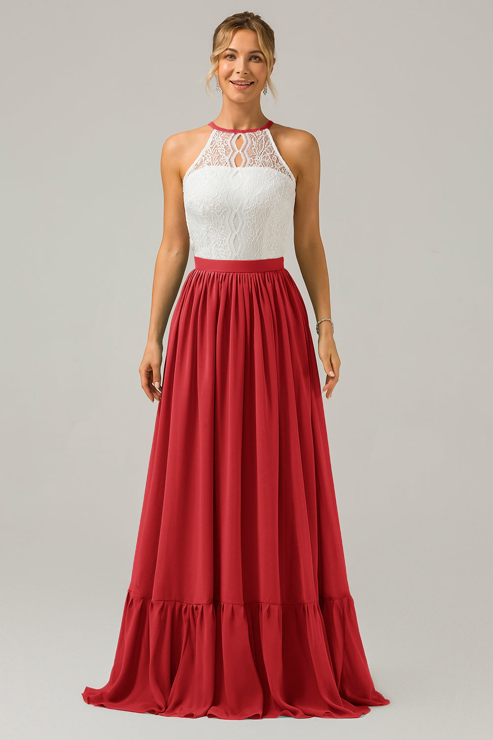 Cabernet Schlüsselloch Boho Chiffon Langes Brautjungfernkleid mit Spitze