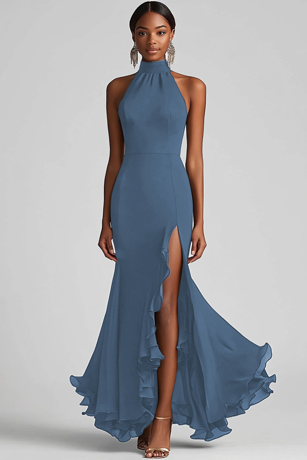 Schwarzes Meerjungfrau Langes Neckholder Rüschen Ballkleid mit Schlitz