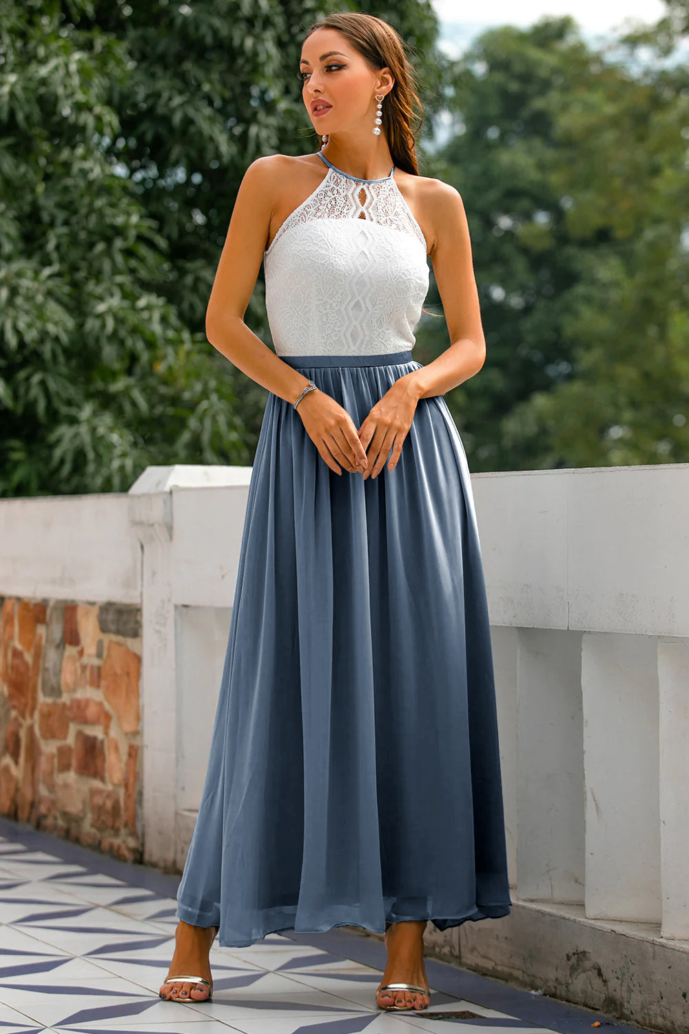 Zapaka Damen Kleider für Hochzeitsgäste Langes A-Linie Rundhals Chiffon Dämmerung Abendkleid Brautjungfernkleid mit Spitze