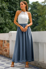 Zapaka Damen Kleider für Hochzeitsgäste Langes A-Linie Rundhals Chiffon Dämmerung Abendkleid Brautjungfernkleid mit Spitze