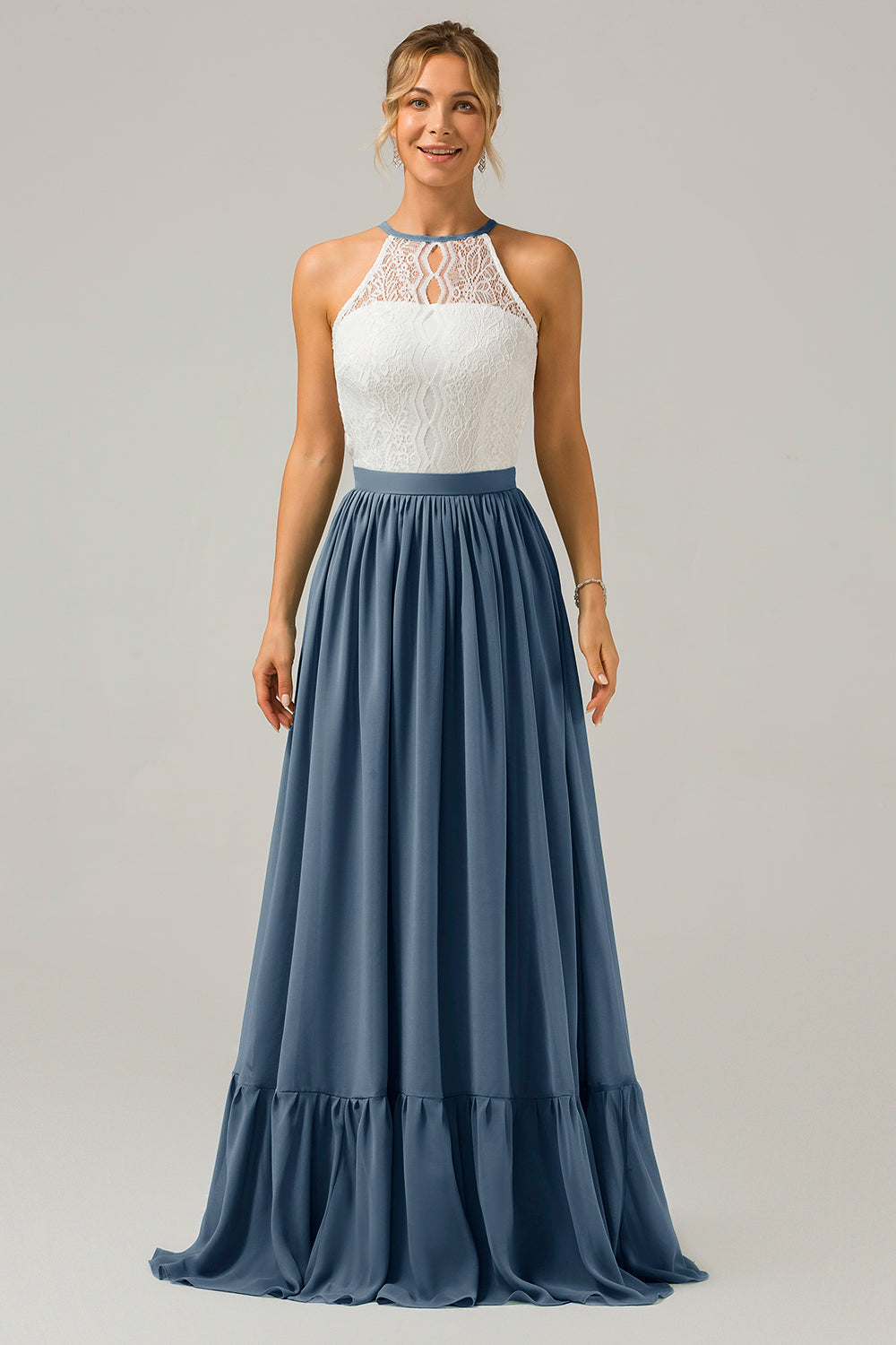 Eukalyptus Schlüsselloch Boho Chiffon Langes Brautjungfernkleid mit Spitze