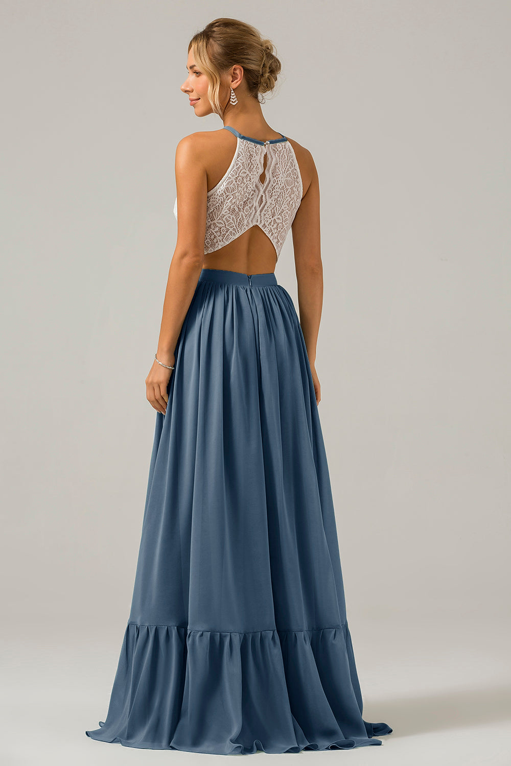 Eukalyptus Schlüsselloch Boho Chiffon Langes Brautjungfernkleid mit Spitze