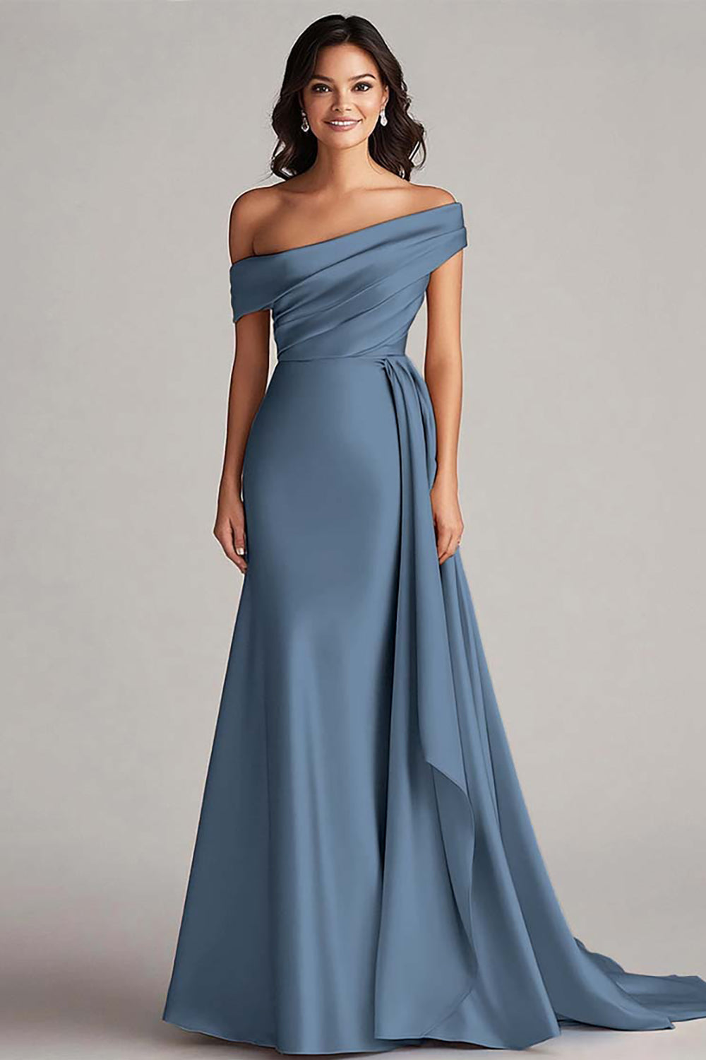 Langes Champagner Abendkleid mit einer Schulter und Falten