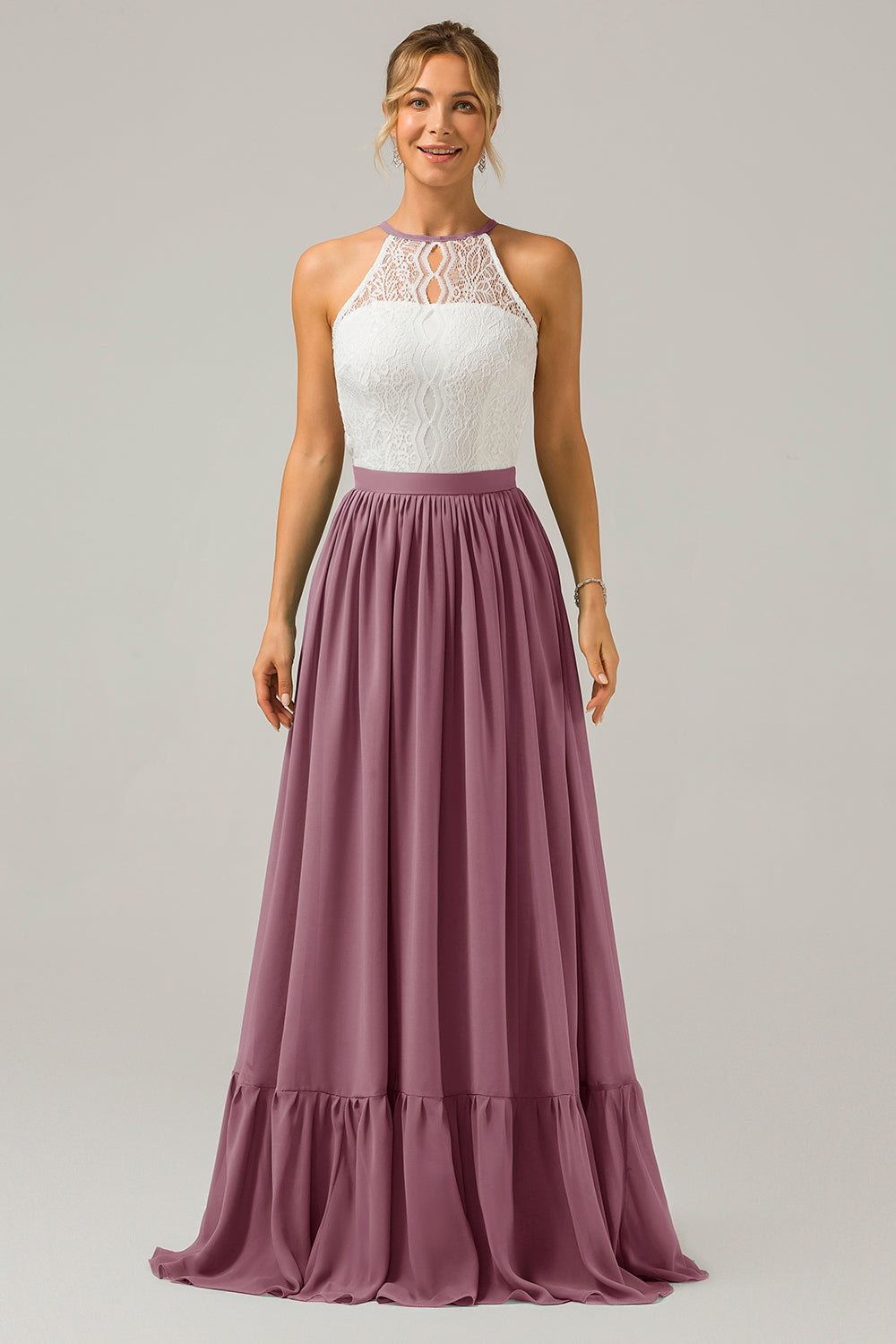Weißes Schlüsselloch Boho Chiffon Langes Brautjungfernkleid mit Spitze
