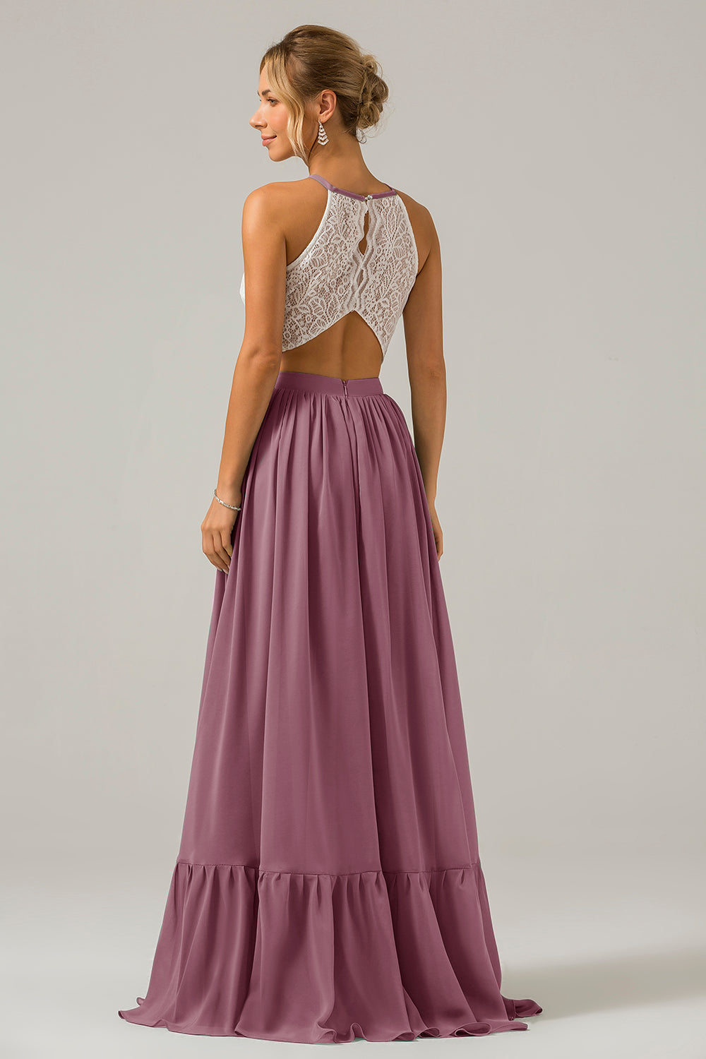 Weißes Schlüsselloch Boho Chiffon Langes Brautjungfernkleid mit Spitze