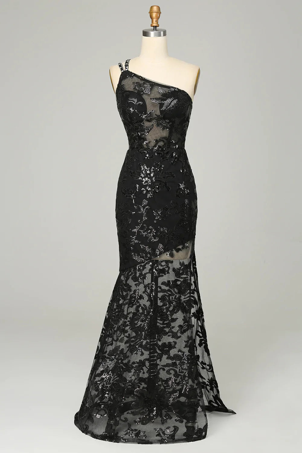 Eine Schulter Rückenfreies Schwarzes Spitze Langes Ballkleid