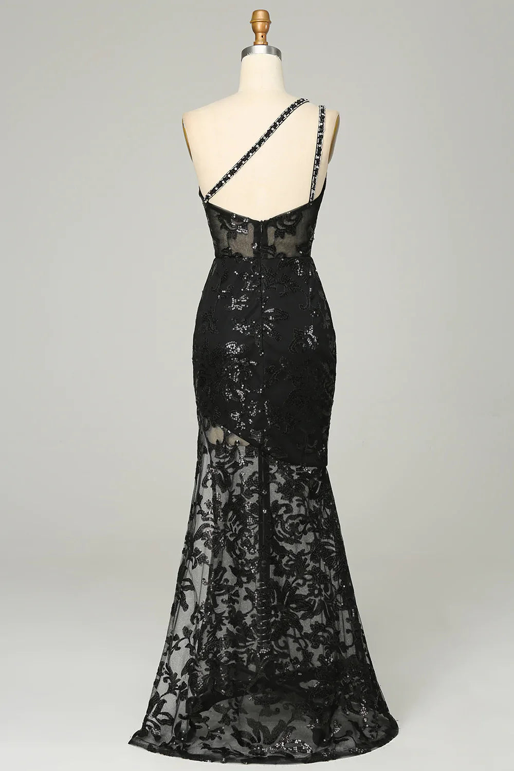 Eine Schulter Rückenfreies Schwarzes Spitze Langes Ballkleid