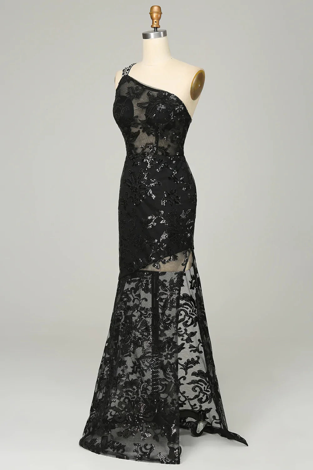 Eine Schulter Rückenfreies Schwarzes Spitze Langes Ballkleid