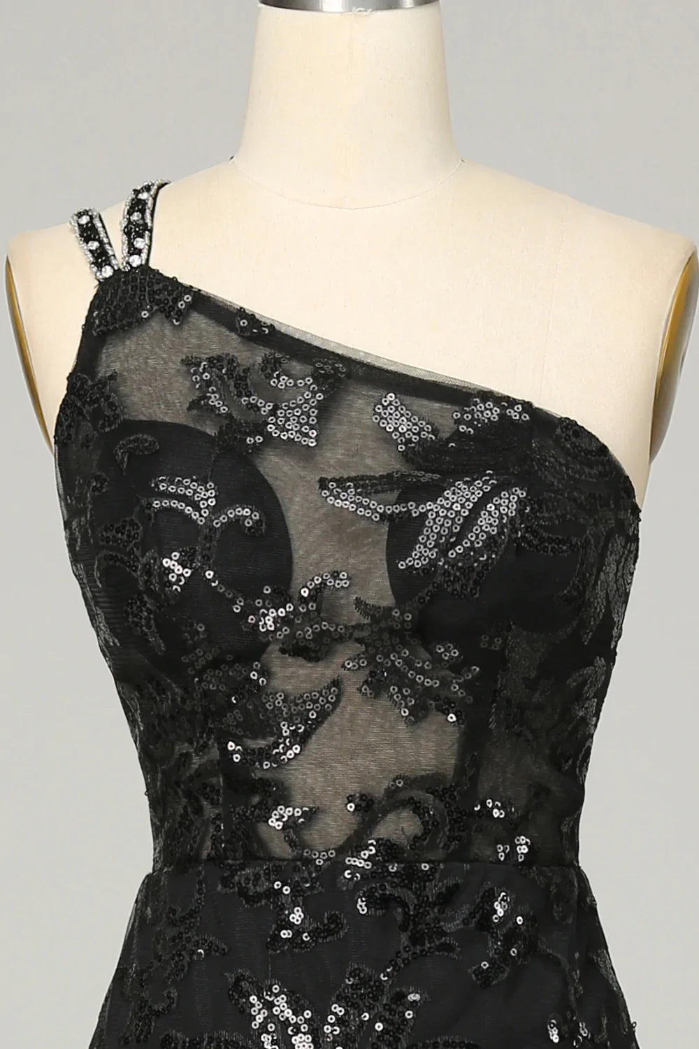 Eine Schulter Rückenfreies Schwarzes Spitze Langes Ballkleid