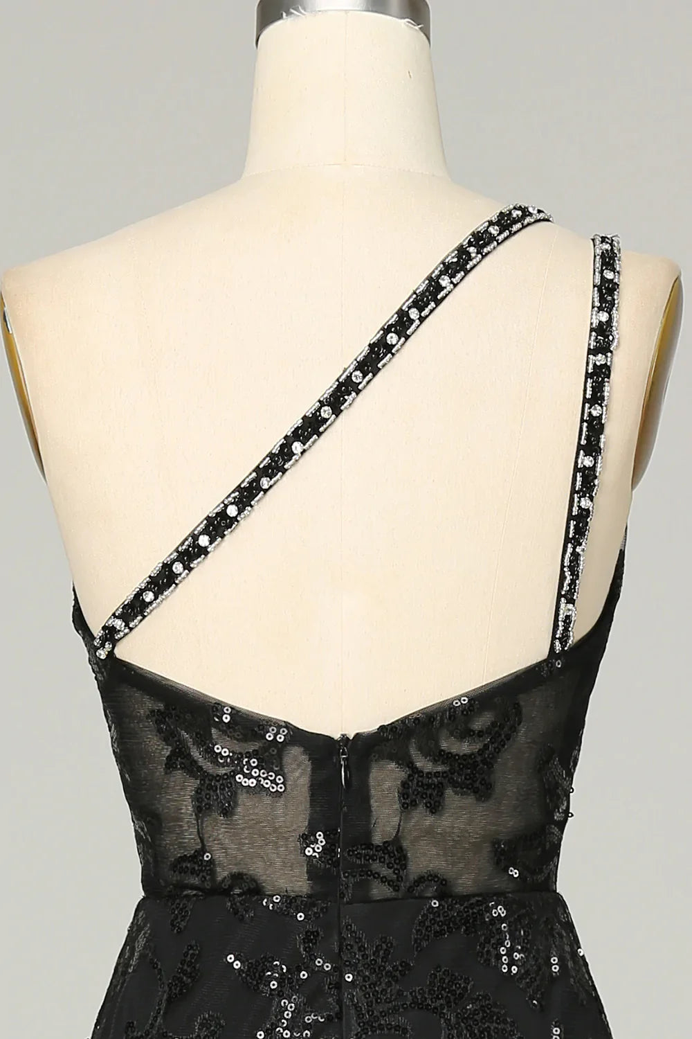 Eine Schulter Rückenfreies Schwarzes Spitze Langes Ballkleid