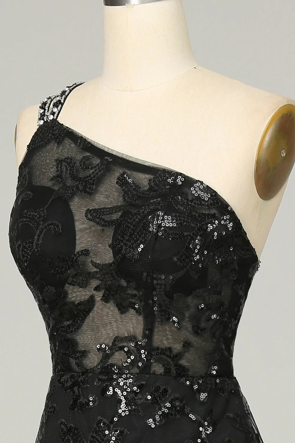 Eine Schulter Rückenfreies Schwarzes Spitze Langes Ballkleid