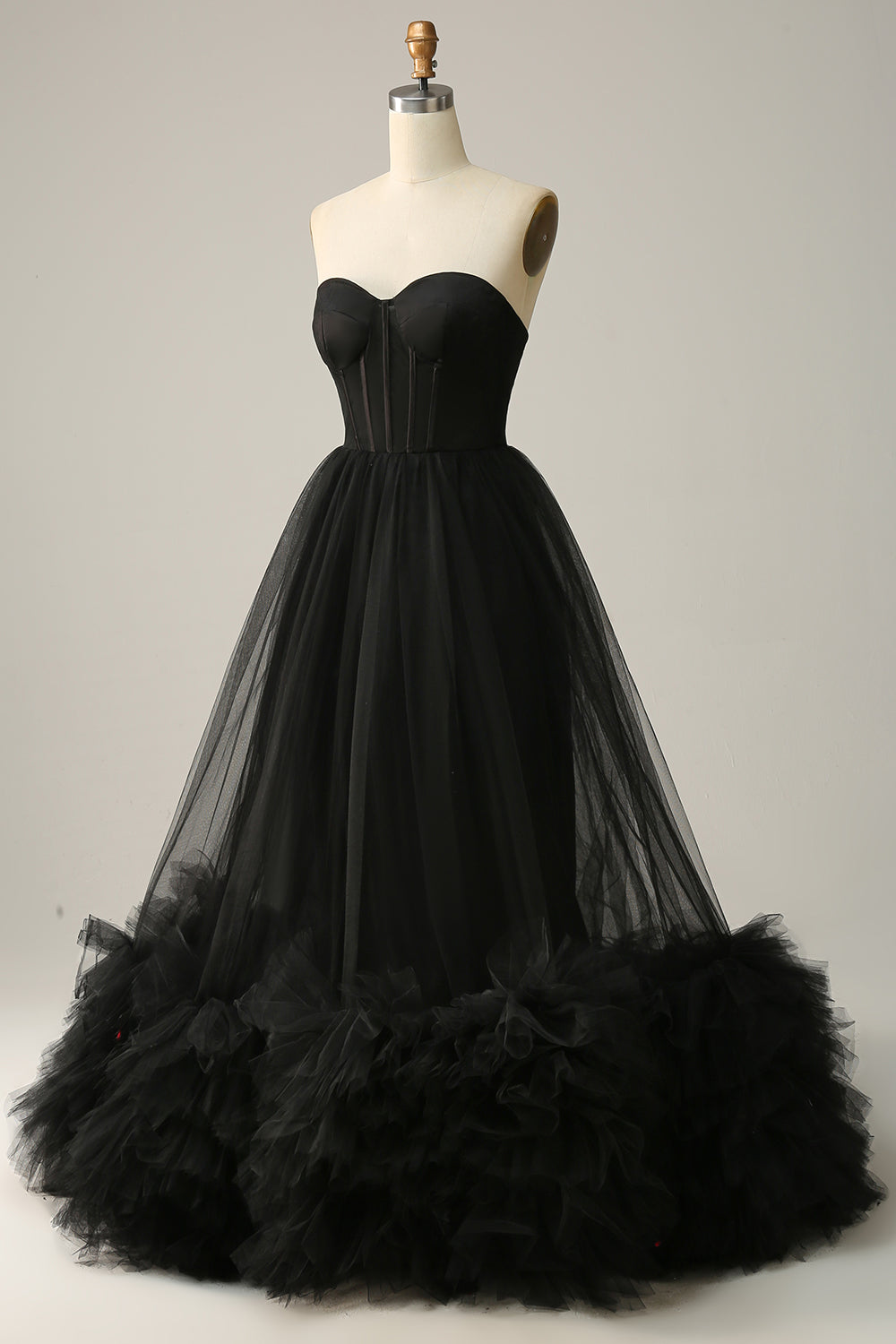 A Linie Herzausschnitt Schwarzes Korsett Ballkleid mit Rüschen