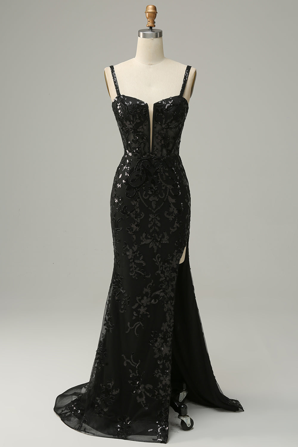 Meerjungfrau Spaghettiträger schwarze Pailletten langes Ballkleid mit Schlitz