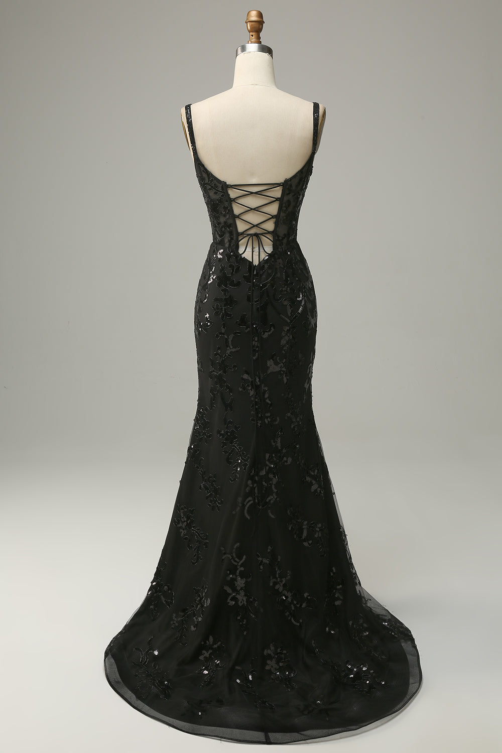 Meerjungfrau Spaghettiträger schwarze Pailletten langes Ballkleid mit Schlitz