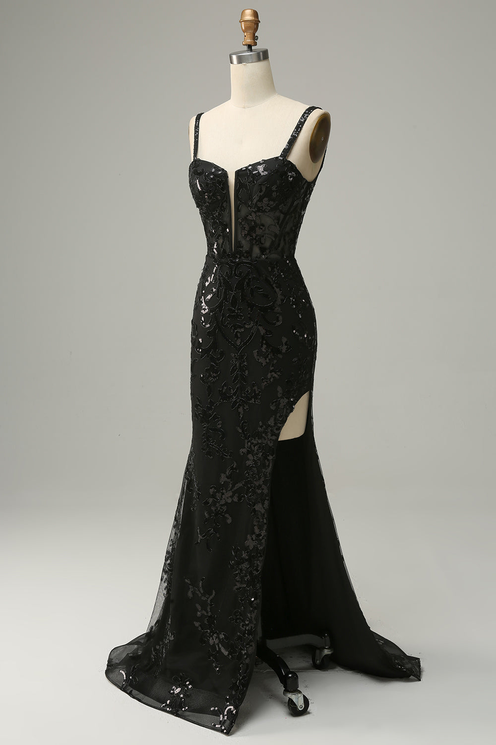 Meerjungfrau Spaghettiträger schwarze Pailletten langes Ballkleid mit Schlitz