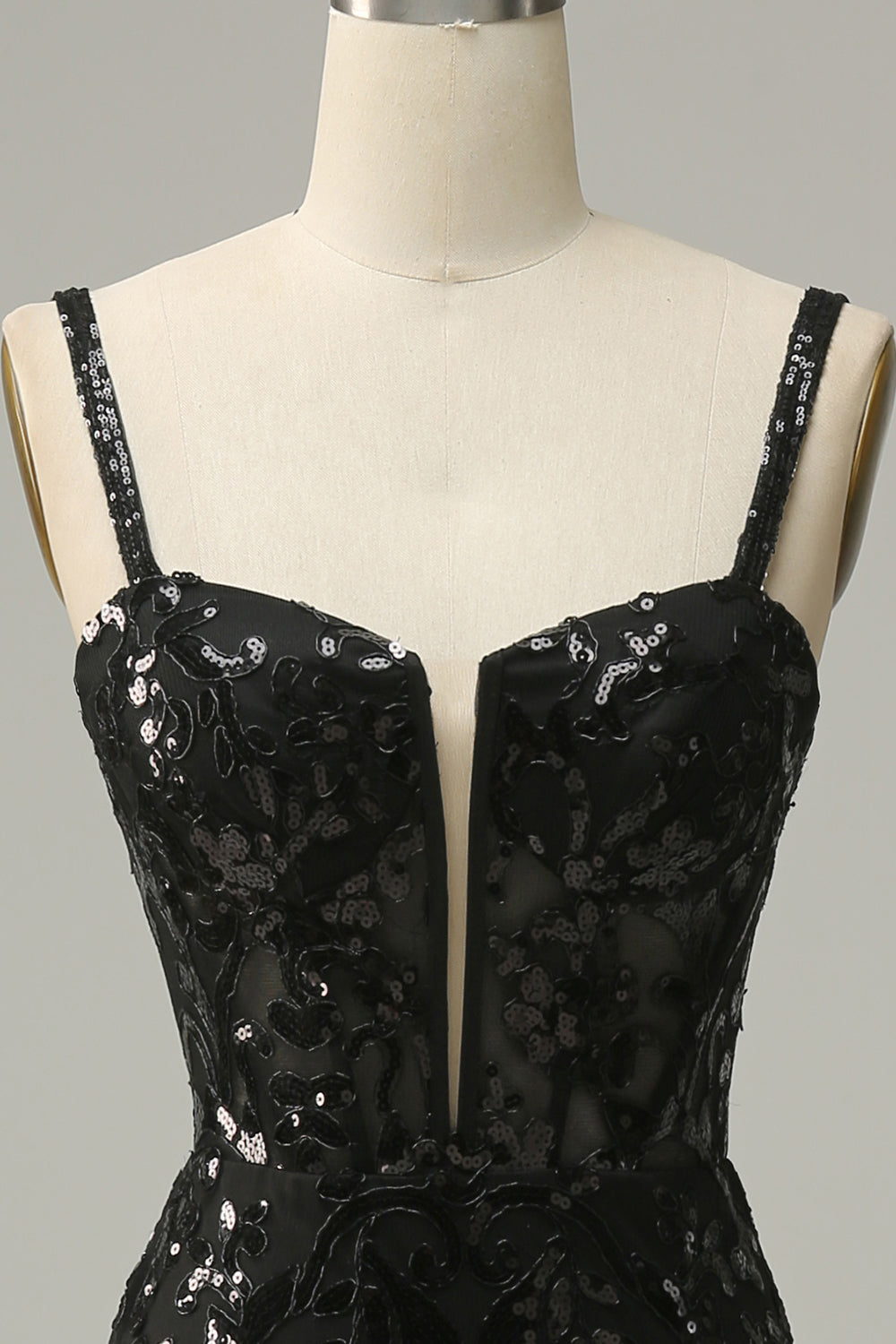 Meerjungfrau Spaghettiträger schwarze Pailletten langes Ballkleid mit Schlitz