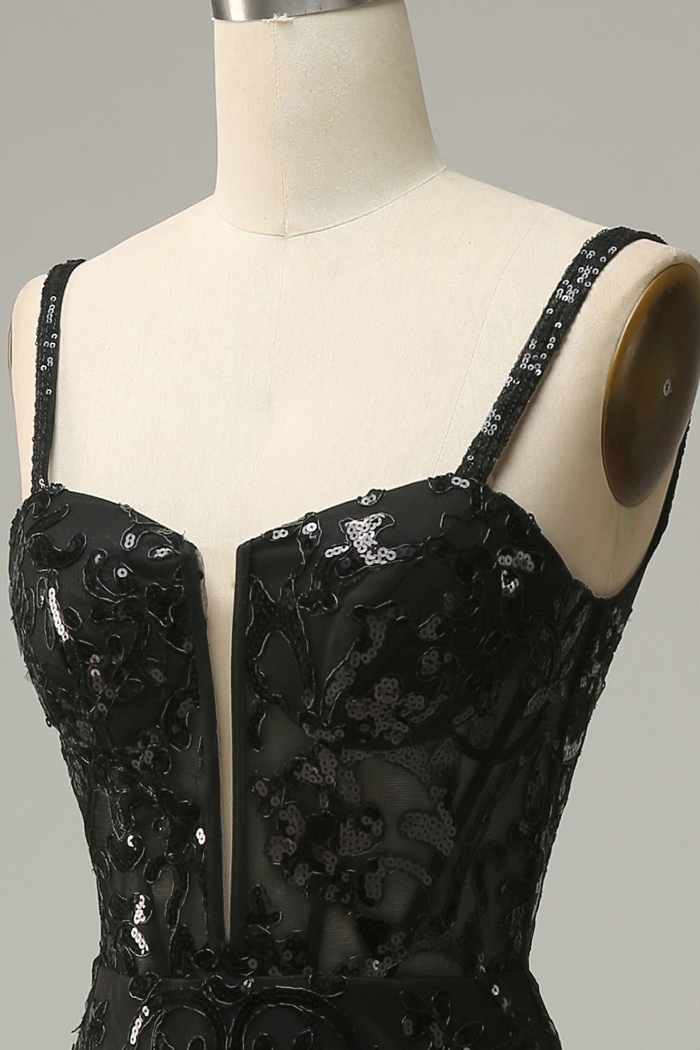 Meerjungfrau Spaghettiträger schwarze Pailletten langes Ballkleid mit Schlitz