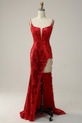 Etui Spaghettiträger Rotes langes Ballkleid mit Schlitz