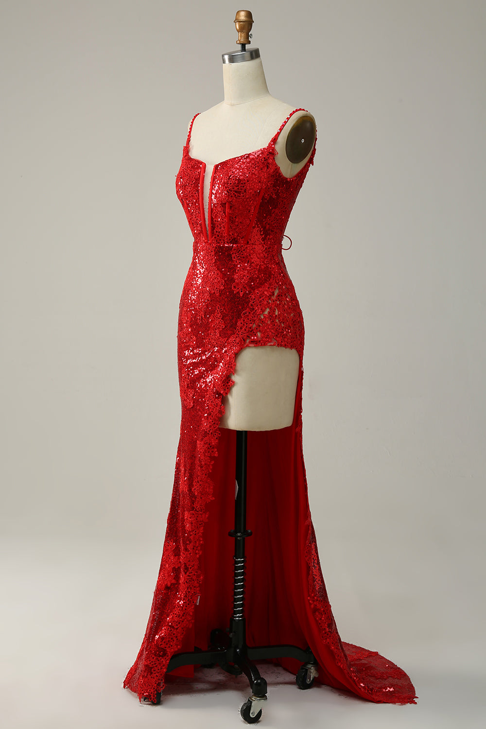 Etui Spaghettiträger Rotes langes Ballkleid mit Schlitz