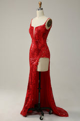 Etui Spaghettiträger Rotes langes Ballkleid mit Schlitz