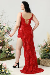 Meerjungfrau Spaghettiträger Rotes Pailletten Übergröße Ballkleid mit Schlitz