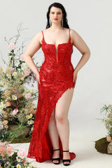 Meerjungfrau Spaghettiträger Rotes Pailletten Übergröße Ballkleid mit Schlitz