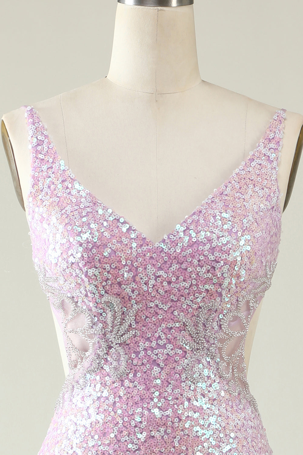 Mantel V-Ausschnitt Flieder Pailletten Langes Abendkleid mit Schlitz
