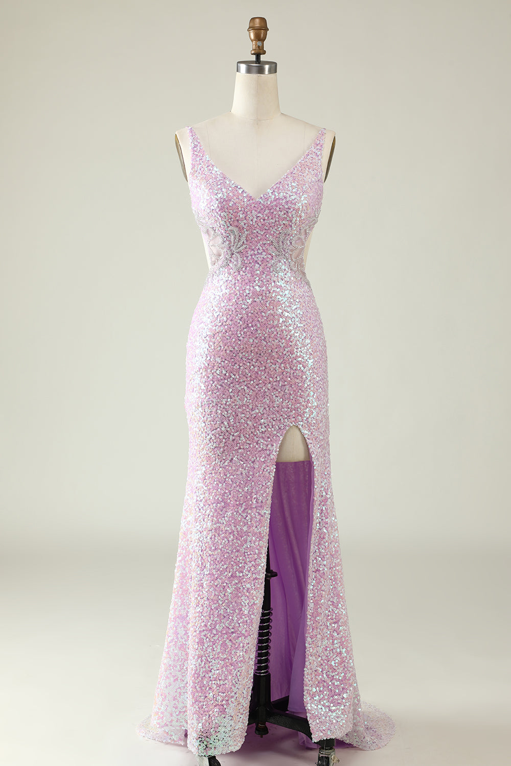 Mantel V-Ausschnitt Flieder Pailletten Langes Abendkleid mit Schlitz