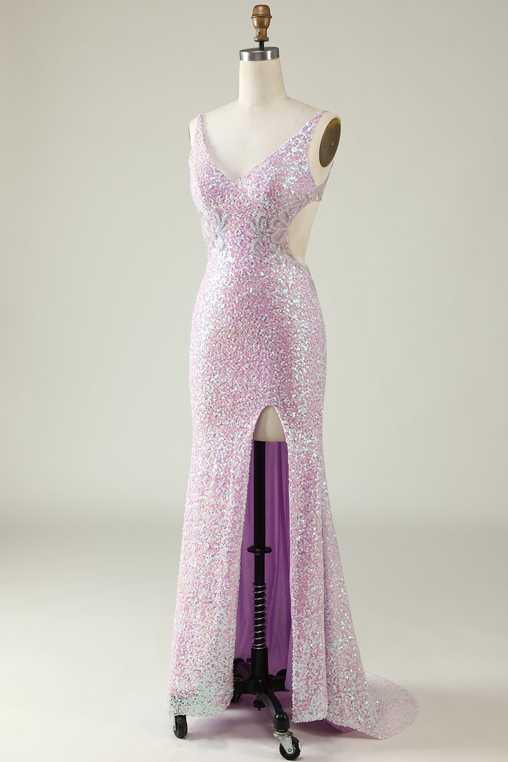 Mantel V-Ausschnitt Flieder Pailletten Langes Abendkleid mit Schlitz