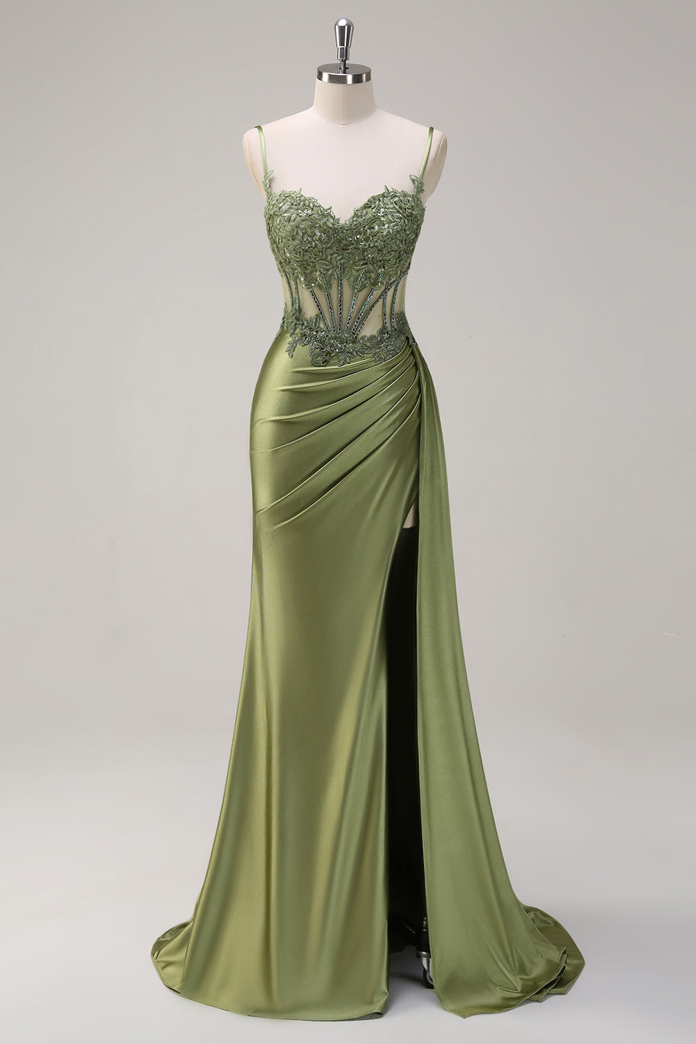 Grünes Meerjungfrauen Plissee Langes Korsett Satin Ballkleid mit Schlitz
