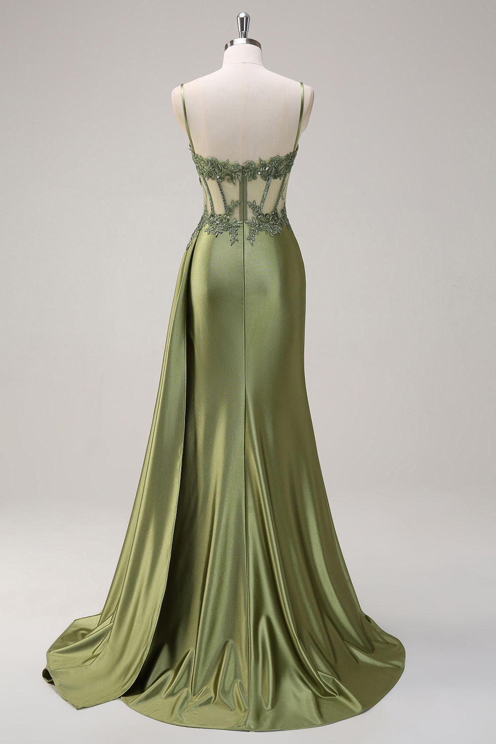 Grünes Meerjungfrauen Plissee Langes Korsett Satin Ballkleid mit Schlitz