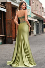 Grünes Meerjungfrauen Plissee Langes Korsett Satin Ballkleid mit Schlitz