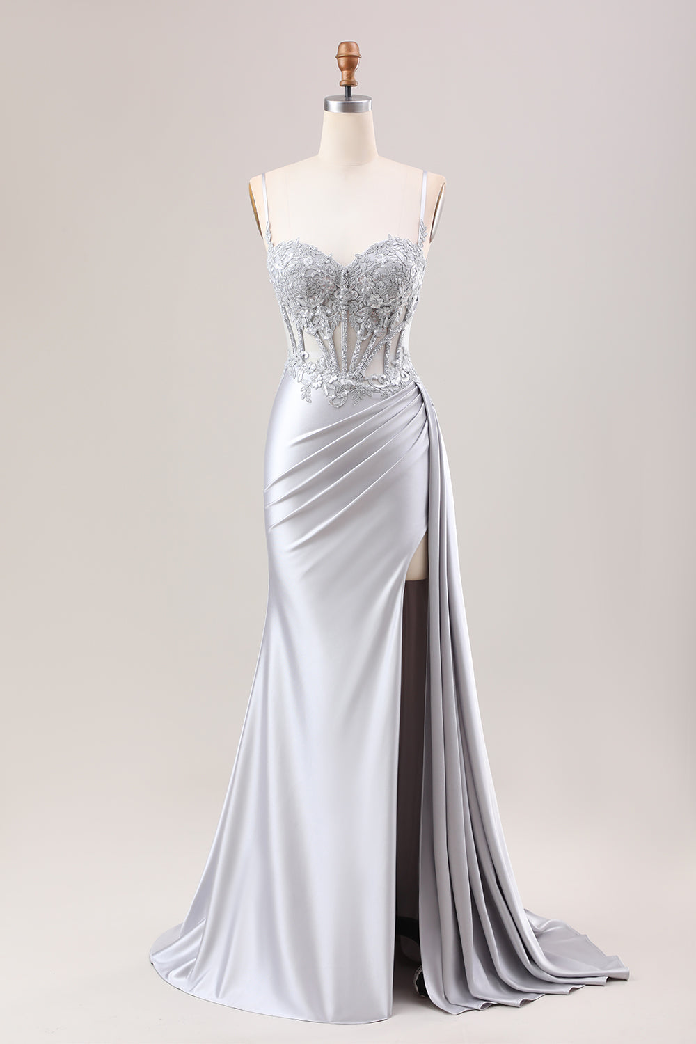 Grünes Meerjungfrauen Plissee Langes Korsett Satin Ballkleid mit Schlitz