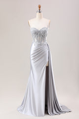 Zapaka Damen Silber Satin Ballkleid mit Schlitz Meerjungfrau Plissee Transparentes Langes Korsett Pailletten Abendkleid mit Applikationen