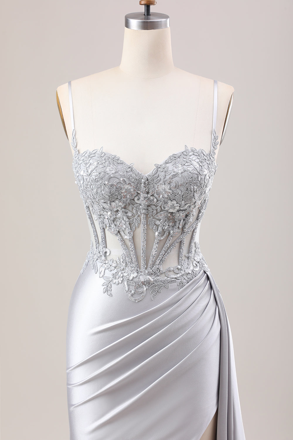 Grünes Meerjungfrauen Plissee Langes Korsett Satin Ballkleid mit Schlitz