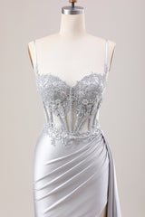 Langes Silberne Meerjungfrau Plissee Korsett Satin Ballkleid mit Schlitz
