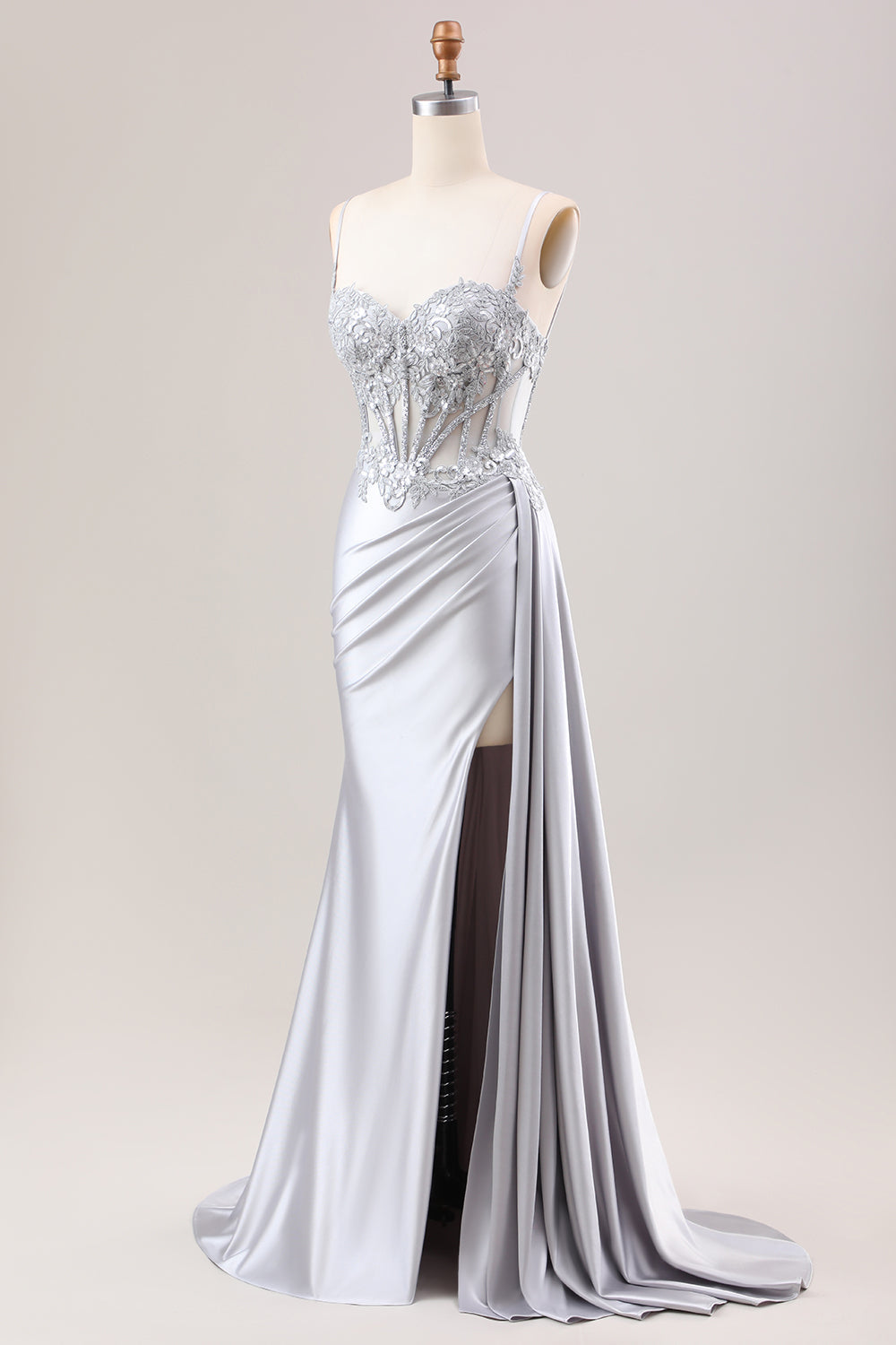 Grünes Meerjungfrauen Plissee Langes Korsett Satin Ballkleid mit Schlitz