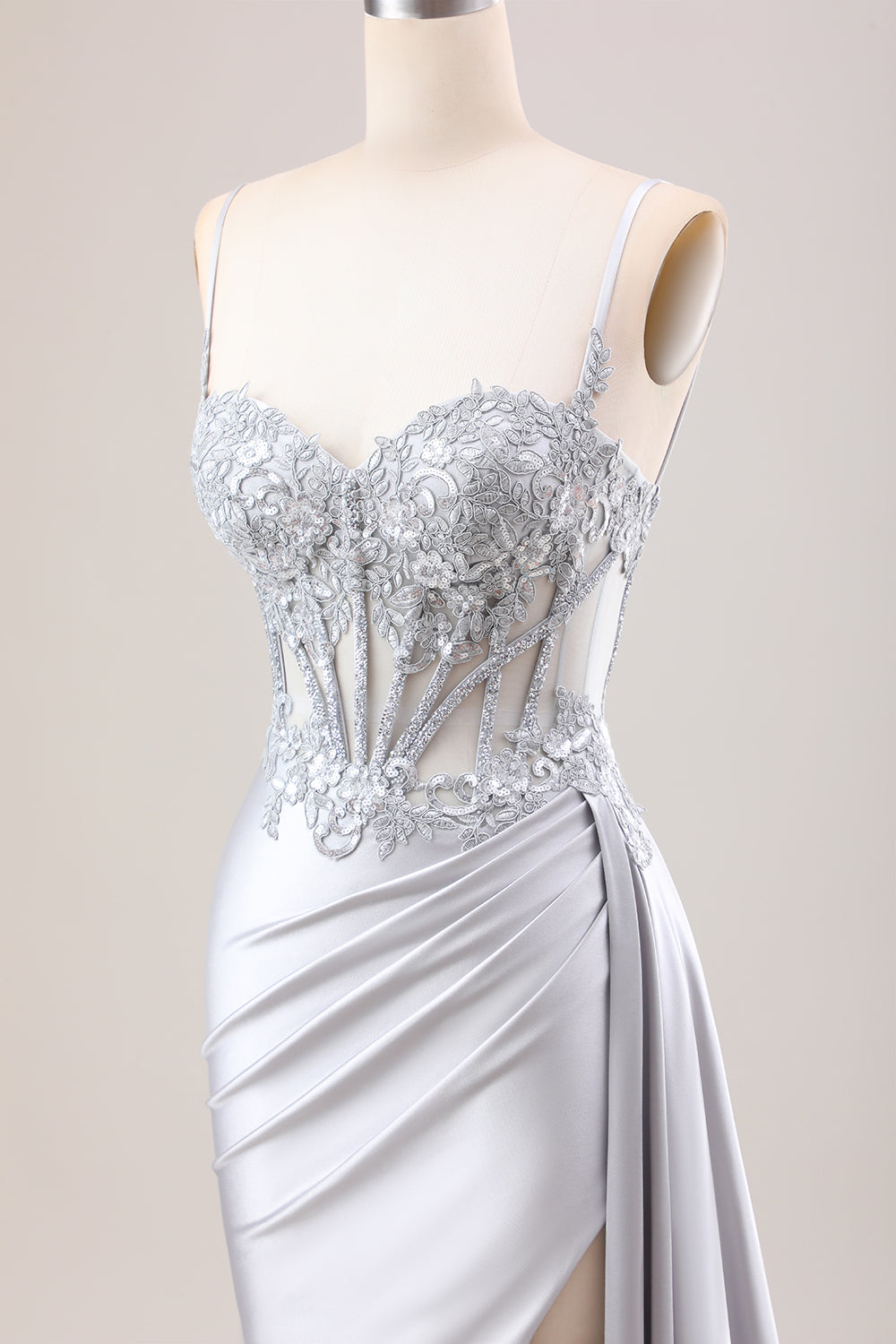 Grünes Meerjungfrauen Plissee Langes Korsett Satin Ballkleid mit Schlitz