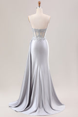 Langes Silberne Meerjungfrau Plissee Korsett Satin Ballkleid mit Schlitz