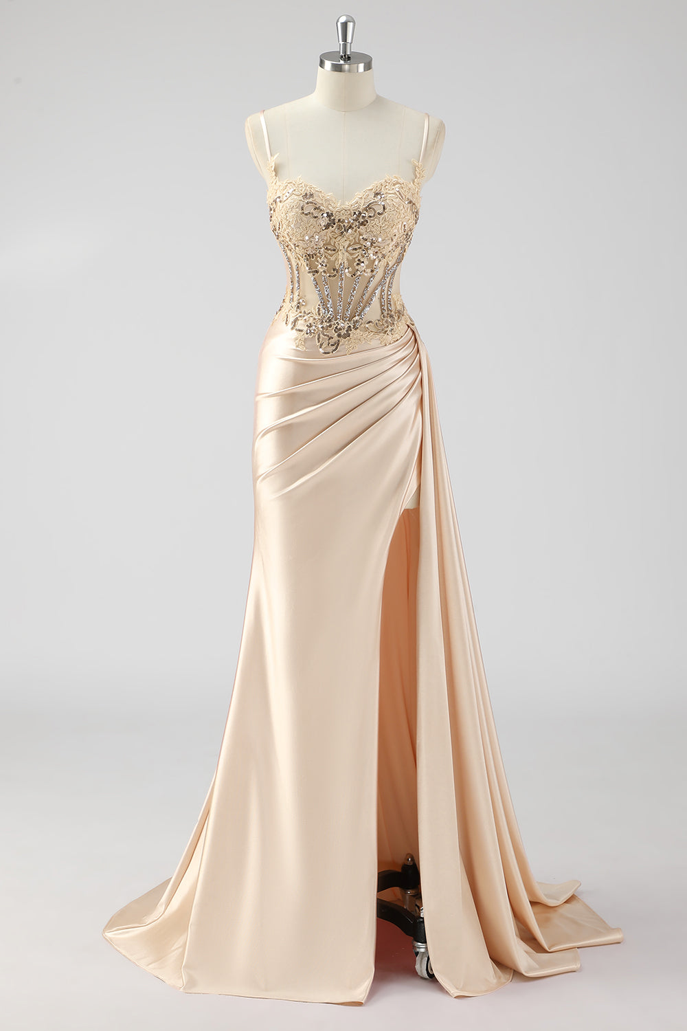 Grünes Meerjungfrauen Plissee Langes Korsett Satin Ballkleid mit Schlitz